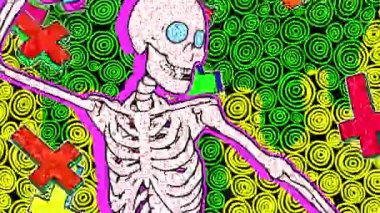 Çizgi roman tarzında seksi dans eden iskelet, floresan dokular ve desenler. Cadılar Bayramı kültür video döngüsü karikatür çizimi ile stop motion görünüm
