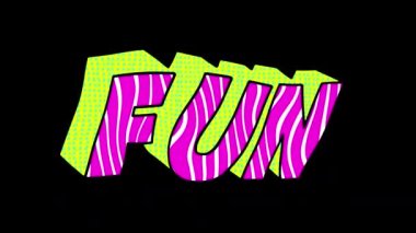 Çizgi roman stili, floresan dokular ve desenlerle çıkarılmış harflerin kusursuz komik animasyonu. Karalama karikatür çizimi ile eğlenceli 3B metin arkaplanı Alfa kanalı ile izole edilmiş stop motion görünüm.