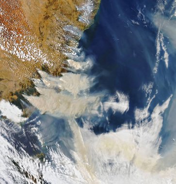 Güney ve doğu Avustralya 'daki orman yangınlarının uydu görüntüsü. NASA tarafından desteklenen bu görüntünün elementleri.