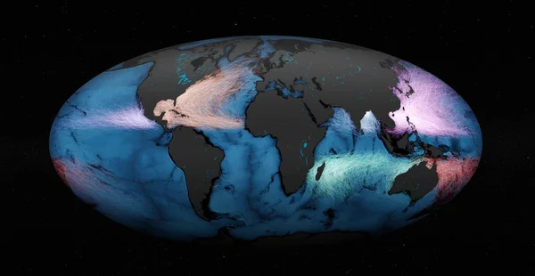 Graphic representation on a map of the activity in the world\'s major ocean tropical cyclones basins between 1842 - 2017