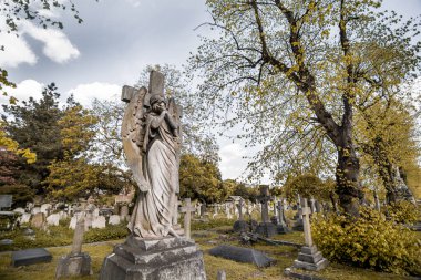 Sonbaharda mezarlıkta bir melek heykeli