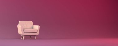 Beyaz, klasik sandalyeli, pembe bir oda. Kopya alanı ile üç boyutlu resimleme. Mobilya dükkanı, iç tasarım dekorasyon konsepti.