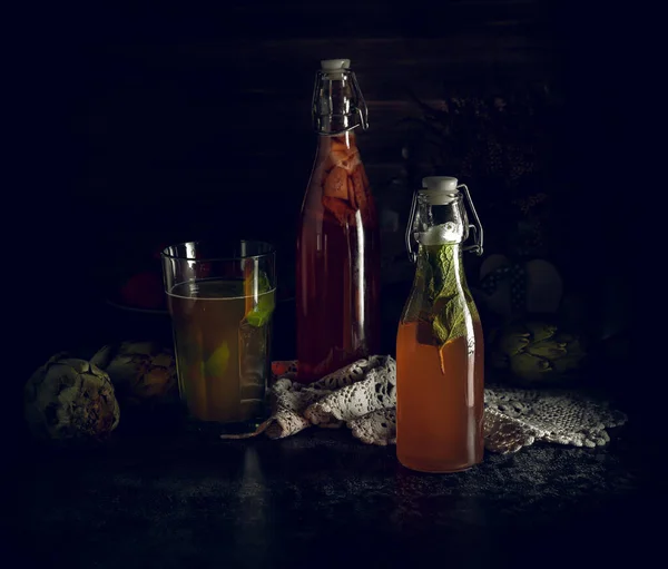 Still Life Bottles Homemade Kombucha Brew Fruit Tea Probiotic Bacteria — Stock Photo, Image