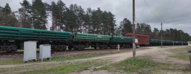 Belarus - 16 Nisan 2021: sayılı yük vagonları. Demiryolundaki yük treni.