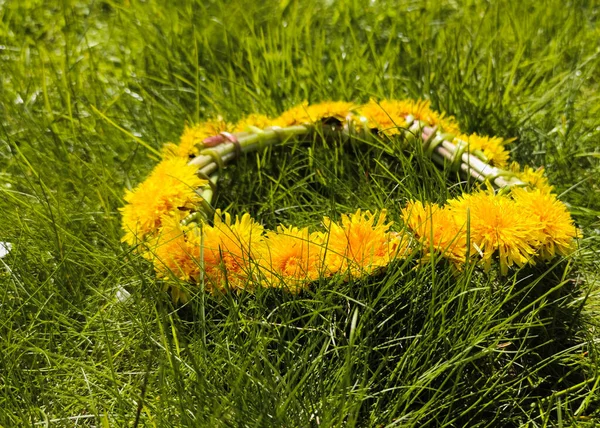 A wreath of yellow dandelions is woven on the green grass. Spring floral wreath. Natural wreath of flowers. The concept of nature, traditions.