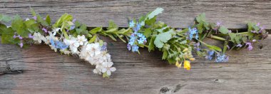 Bahar çiçekleri gri ahşap bir arka planda yatar.