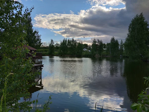 Прекрасний Вечірній Весняний Пейзаж Деревами Травою Ставком Сільській Місцевості Насолоджуючись — стокове фото