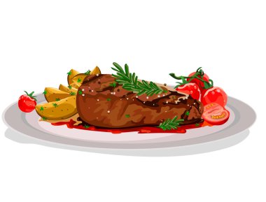 Yanında meze ile lezzetli, sulu bir biftek. Patates ve domates