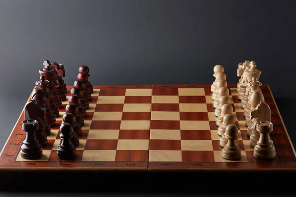 Classic Wooden Tournament Chess Set Black Background Pieces Lined — Stockfoto