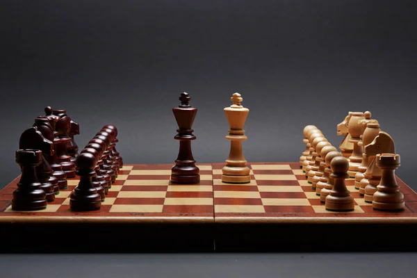 Classic Wooden Tournament Chess Set Black Background Two Kings Centre — Stock Photo, Image