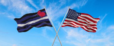 ABD ve Lezbiyen Gururu bayrak direğinde rüzgarda sallanıyor güneşli bir günde bulutlarla gökyüzüne karşı. 3d illüstrasyon