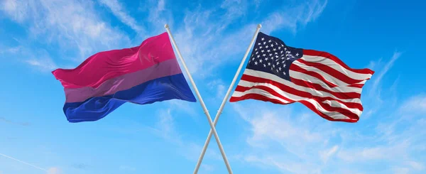 Bandeiras Eua Bissexualidade Orgulho Acenando Vento Mastro Bandeira Contra Céu — Fotografia de Stock