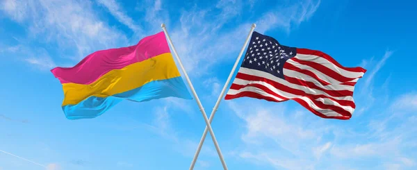 Flaggor Usa Och Pansexualitet Pride Viftar Vinden Flaggstången Mot Himlen — Stockfoto