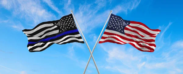 Thin Blue Line Black Flag Usa Police Blue Line Waving — Stockfoto