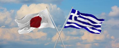 Japonya ve Yunanistan 'ın bayrakları güneşli bir günde gökyüzüne karşı bayrak direkleri sallıyor. İki ülke arasındaki ilişkiyi, diyaloğu sembolize ediyor. 3d illüstrasyon