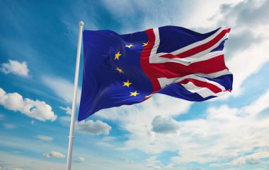 Büyük Sendika Jack ve Avrupa Birliği Bayrağı rüzgarda sallanıyor. Brexit konsept resmi