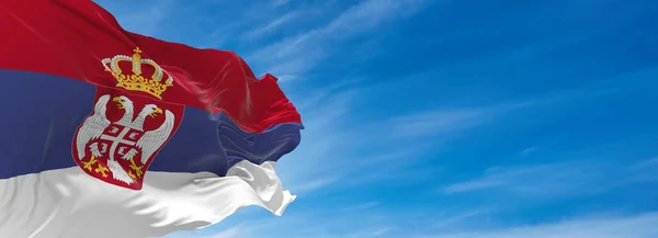 Large Flag Serbia Waving Wind Sky Clouds Sunny Day Illustration — Stock Photo, Image