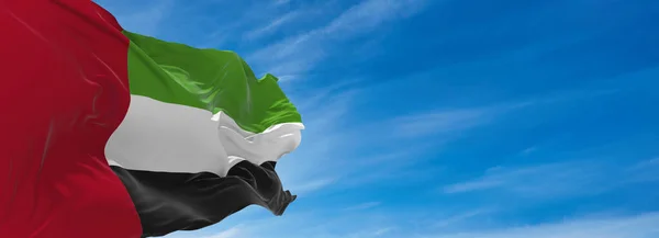 Large Flag United Arab Emirates Waving Wind Sky Clouds Sunny — Stock Photo, Image
