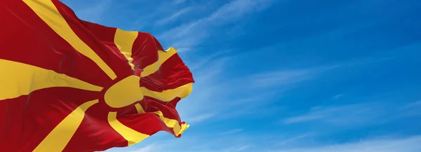 Large Flag Macedonia Waving Wind Sky Clouds Sunny Day Illustration — Stock Photo, Image