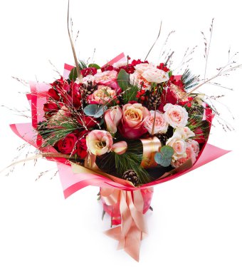 Beyaz renkte izole edilmiş düğün buketi. Taze, yemyeşil renkli çiçekler.