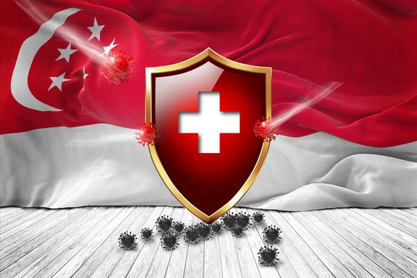 Singapore flag with Metal Shiny red shield. virus protection, hygiene shield. virus Vaccine Protection aganst coronavirus, Health Care, Safety Badge concept. 3D illustration.