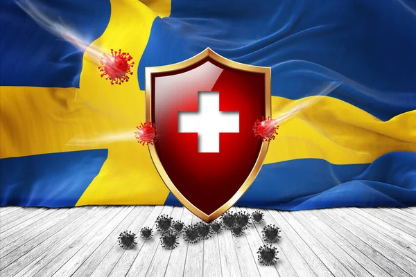 Sweden Flag Metal Shiny Red Shield Virus Protection Hygiene Shield — Stock Photo, Image