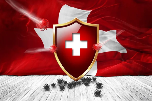 Schweizerische Flagge Mit Metallisch Glänzendem Roten Schild Virenschutz Hygieneschild Virus — Stockfoto