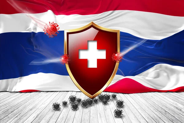 Thailand flag with Metal Shiny red shield. virus protection, hygiene shield. virus Vaccine Protection aganst coronavirus, Health Care, Safety Badge concept. 3D illustration.