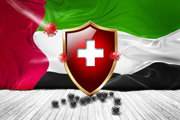 阿拉伯联合酋长国国旗 带有金属红盾 病毒保护 卫生盾牌 病毒疫苗保护琼脂糖病毒 医疗保健 安全徽章的概念 3D插图 — 图库照片