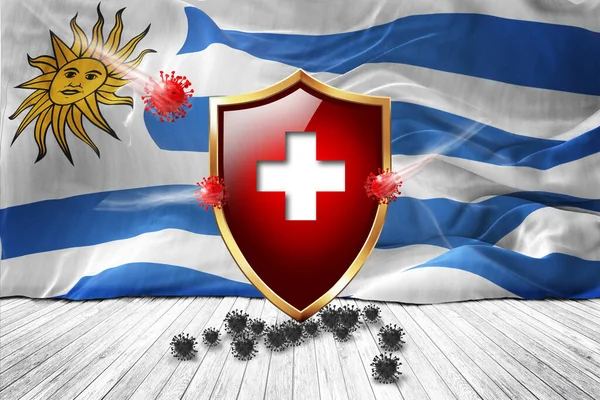 乌拉圭国旗与金属辛尼红色盾牌 病毒保护 卫生盾牌 病毒疫苗保护琼脂糖病毒 医疗保健 安全徽章的概念 3D插图 — 图库照片