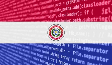 Paraguay bayrağı program kodu ile ekranda resmedilmiştir. Modern teknoloji ve site geliştirme kavramı, kod yazma. Arkaplan