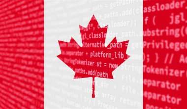 Kanada bayrağı program kodu ile ekranda resmedilmiştir. Modern teknoloji ve site geliştirme kavramı, kod yazma. Arkaplan