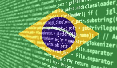 Brezilya bayrağı program kodu ile ekranda resmedilmiştir. Modern teknoloji ve site geliştirme kavramı, kod yazma. Arkaplan