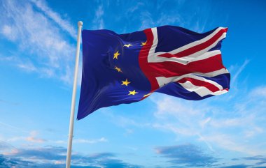 Büyük Sendika Jack ve Avrupa Birliği Bayrağı rüzgarda sallanıyor. Brexit konsept resmi