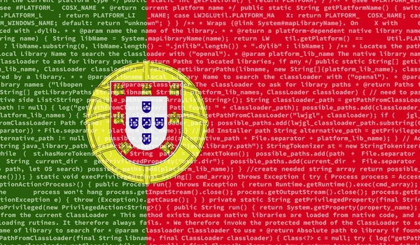 ポルトガルの国旗がプログラムコード付きで画面に描かれています 現代の技術とサイト開発 コードの書き込みの概念 — ストック写真