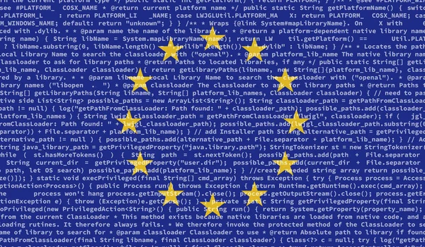 flag of European Union is depicted on the screen with the program code. The concept of modern technology and site development, code writting. Background
