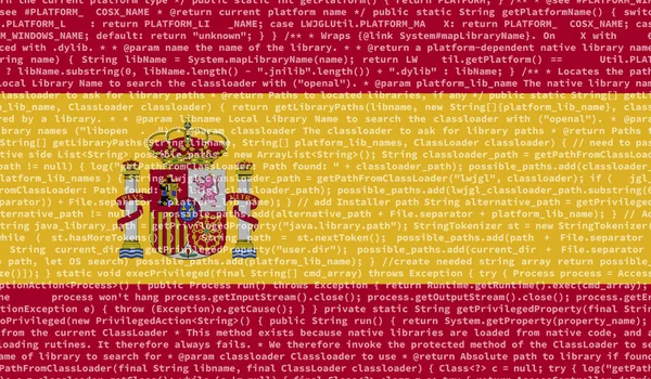 Bandeira Espanha Representado Tela Com Código Programa Conceito Tecnologia Moderna — Fotografia de Stock
