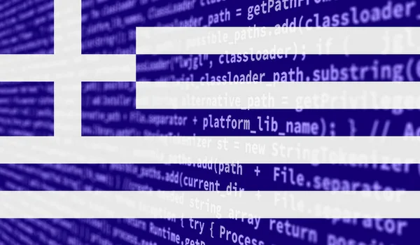 Die Griechische Flagge Ist Auf Dem Bildschirm Mit Dem Programmcode — Stockfoto