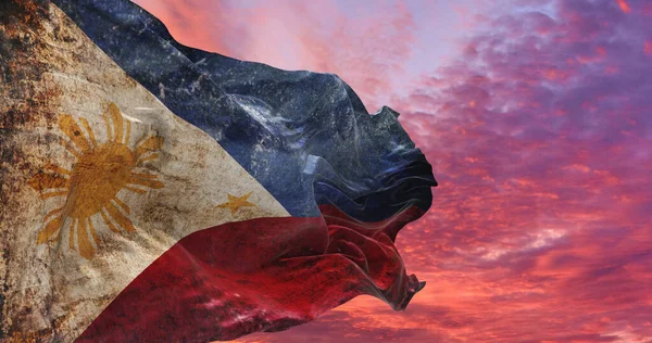 風に揺れるグランジな質感のフィリピンのレトロな旗 3Dイラスト — ストック写真