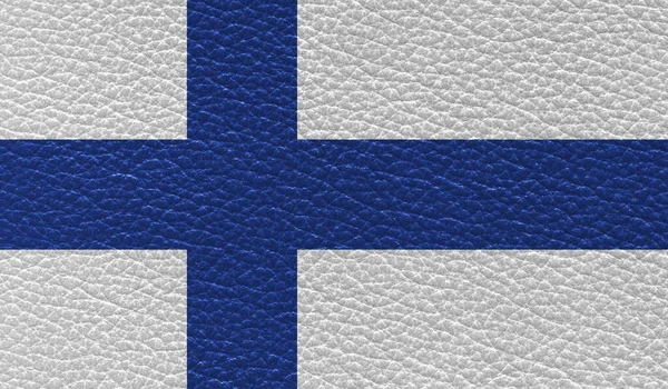 Finlands Platta Flagga Tryckt Lädertextur Bakgrund Ovanifrån — Stockfoto