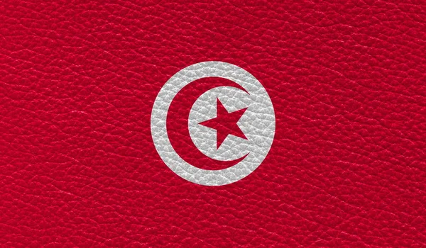 Vlakke Vlag Van Tunesië Gedrukt Lederen Textuur Achtergrond Bovenaanzicht — Stockfoto