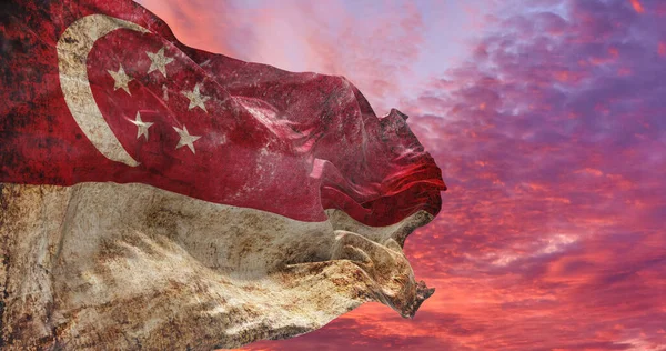 Retro Vlag Van Singapore Met Grunge Textuur Zwaaiend Wind Illustratie — Stockfoto