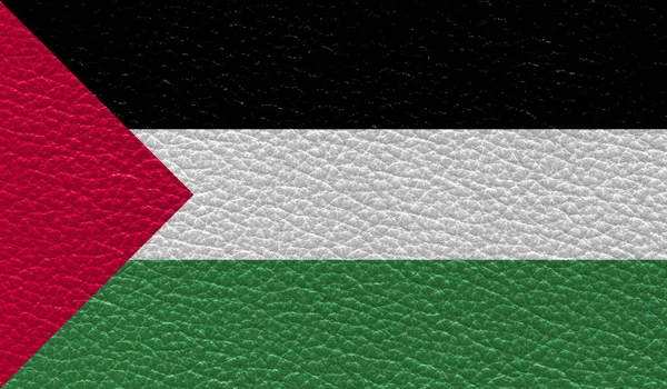 Plochá Vlajka Palestiny Tištěná Pozadí Kožené Textury Horní Pohled — Stock fotografie