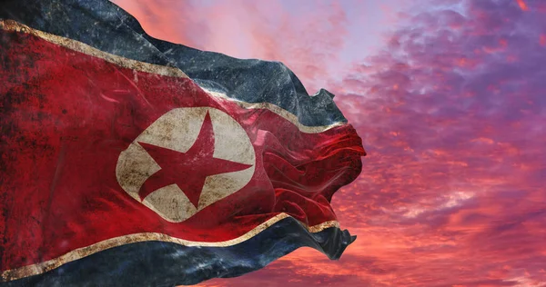 Bandera Retro Corea Del Norte Con Textura Grunge Ondeando Viento — Foto de Stock