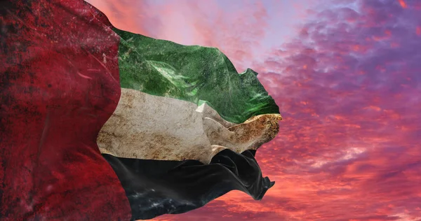 阿拉伯联合酋长国的复古国旗 质地粗糙 在风中飘扬 3D说明 — 图库照片