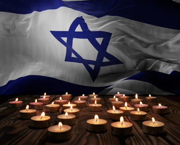 Rouw Kaarsen Branden Israël Nationale Vlag Van Achtergrond Memorial Weekend — Stockfoto