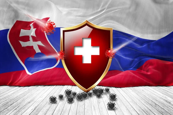 Slovakia flag with Metal Shiny red shield. virus protection, hygiene shield. virus Vaccine Protection aganst coronavirus, Health Care, Safety Badge concept. 3D illustration.
