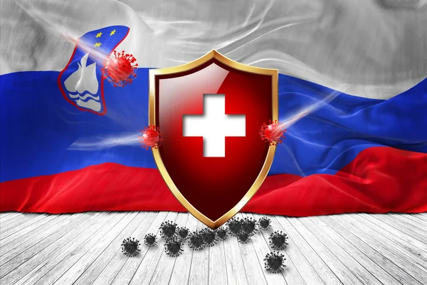 斯洛文尼亚国旗与金属辛尼红色盾牌 病毒保护 卫生盾牌 病毒疫苗保护琼脂糖病毒 医疗保健 安全徽章的概念 3D插图 — 图库照片