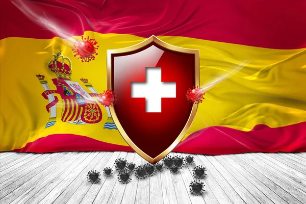 Spain flag with Metal Shiny red shield. virus protection, hygiene shield. virus Vaccine Protection aganst coronavirus, Health Care, Safety Badge concept. 3D illustration.