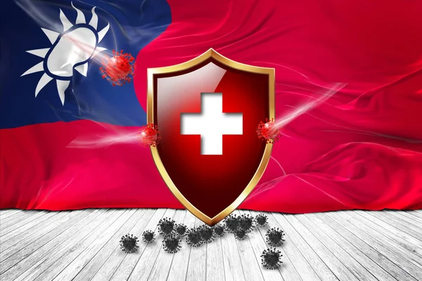 Taiwan flag with Metal Shiny red shield. virus protection, hygiene shield. virus Vaccine Protection aganst coronavirus, Health Care, Safety Badge concept. 3D illustration.